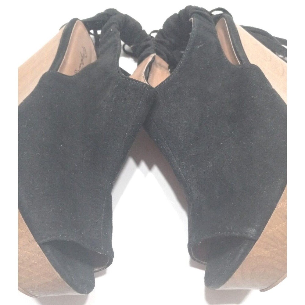 Qupid Platform Wedge Fringed Heel Sandal Black Suede Leather Elastic Back - Picture 9 of 12